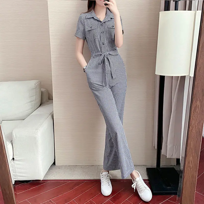 Jumpsuit Women Summer New Button Streetwear Loose Rompers Female High Waist Leisure Jumpsuit Ladies Plaid Straight Jumpsuit O56