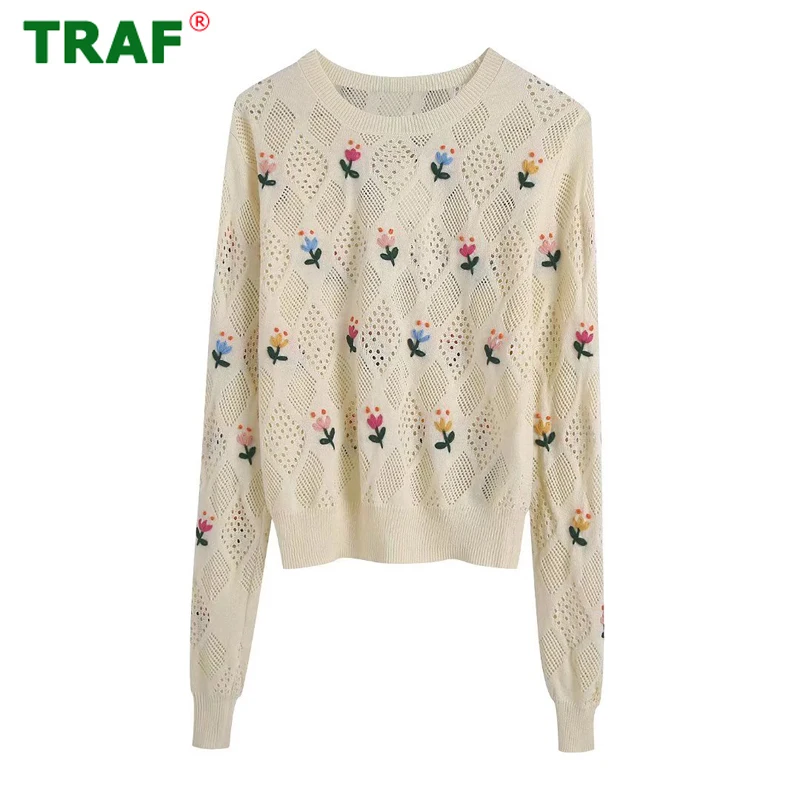 

TRAF Embroidery Woman Sweater Zar Cropped Knitted Sweater Women Spring Long Sleeve Top Female Vintage Pullover Women Sweaters