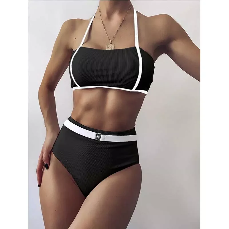 

High Waisted Bikini Ribbed Swimsuit Woman Luxury 2021 Swimwear Beachwear Push Up Biquini Shorts Set Swim Suits Maillot De Bain