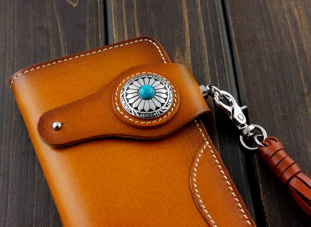 Мужской Бирюзовый кожаный Длинный кошелек Concho ручной работы с кожаной цепочкой