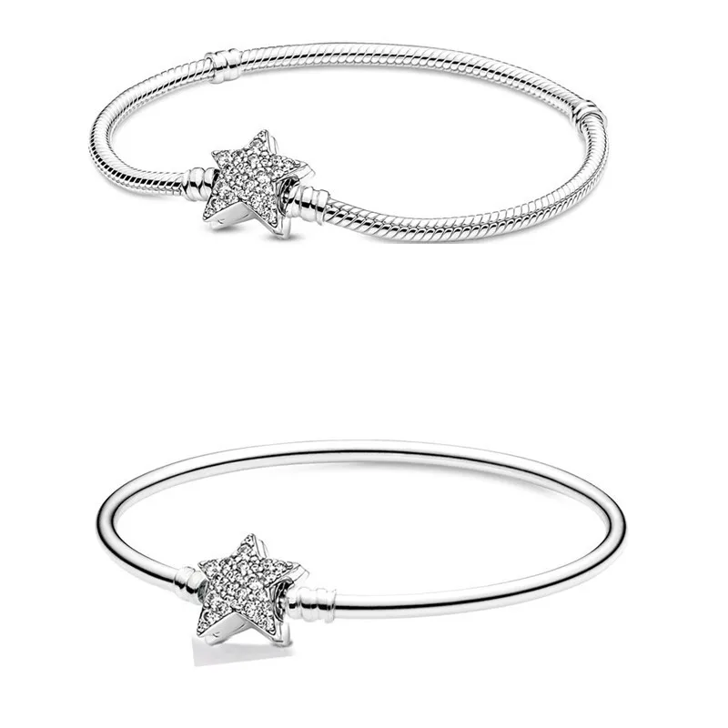 

Original Moments Asymmetric Star Clasp Snake Chain Bracelet Bangle Fit Women 925 Sterling Silver Bead Charm Fashion Jewelry
