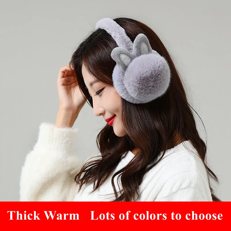 

New Autumn Winter Outdoor Plush Earmuffs Women Super Warm Cartoon Decoration Fluffy Ball Solid Cute Rabbit Ear Thick Accessories