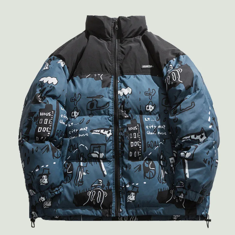 

Hip Hop Oversized Cotton Padded Parkas Mens Streetwear Harajuku Graffiti Printed Zipper Coats Winter Warm Casual Outwear Unisex