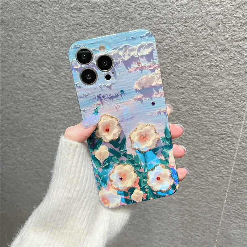 

Luxury Camellia Flowers Glitter Laser Phone Case For iPhone 14 Pro Max 13 12 11 X XS XR 7 8 Plus Fashion Soft Shockproof Cover