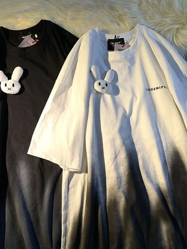 

Rabbit doll T-shirt women oversized short-sleeved tops 2022 summer new Korean fashion kawaii vintage casual loose t-shirts trend