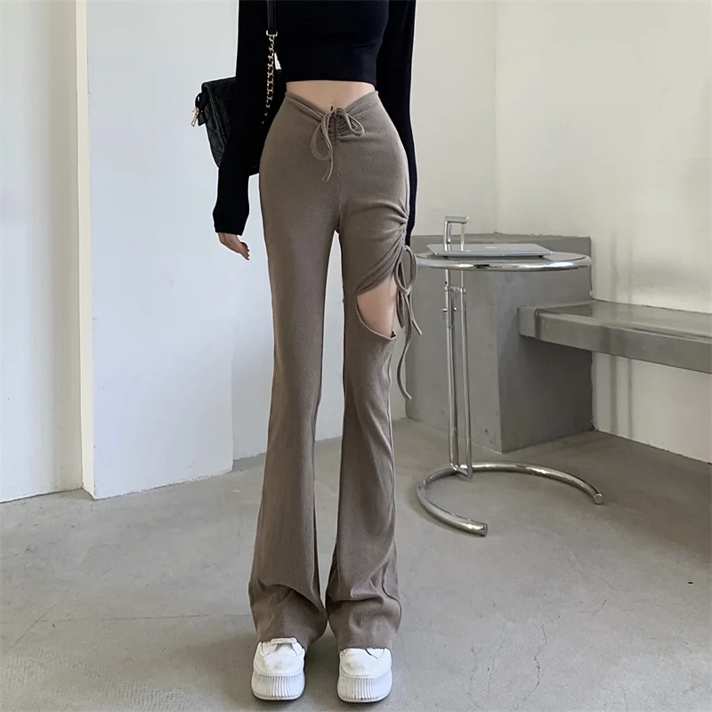 

Hole High Waist Streetwear Flare Pants Solid Summer Hollow Out Drawstring Casual Trousers Y2k Fashion Harajuku Pantalons Women