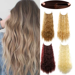 No Clips Fake Hair Natural Wavy Curly False Hair Piece  Woman Synthetic Halo Hair Extensions Artificial Long Wig   Fish Line