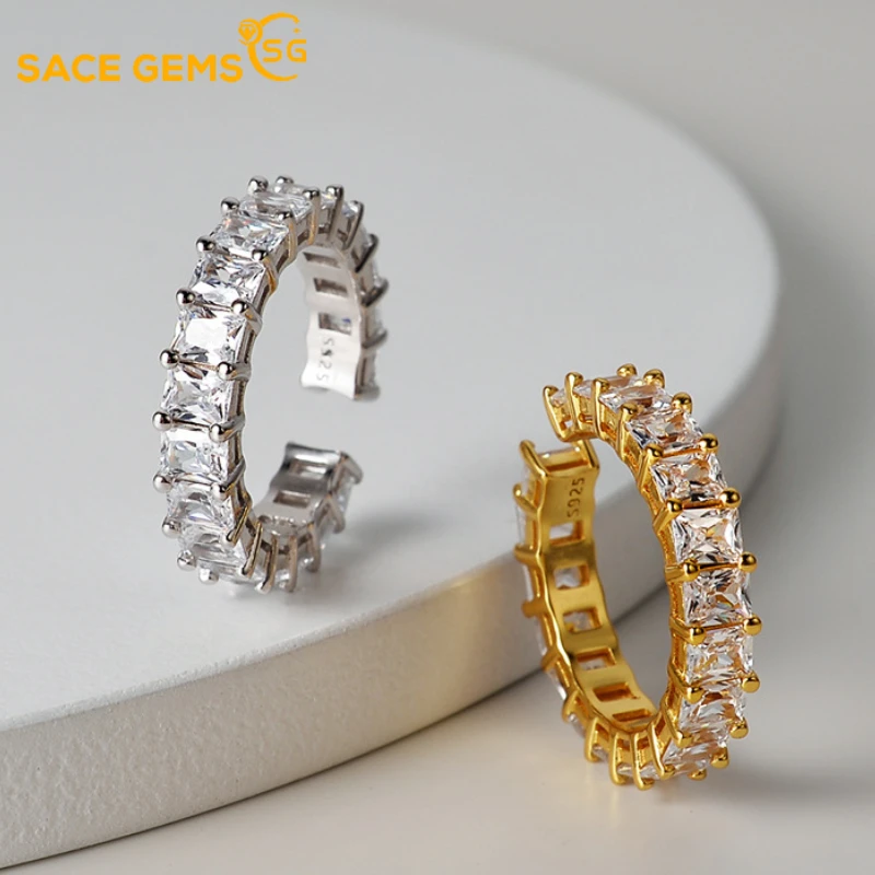 

SACE GEMS Luxury Fine Jewelry S925 Sterling Silver Rectangular Zircon Ring Female Index Finger Ring Opening Design Ring Silver