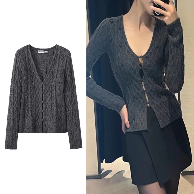 

TRAF Women Wool Blend Knit Cardigan V Neck Long Sleeves Button Up Cardigan Coat 2024 Autumn Winter Casual Sweater Cardigan Tops
