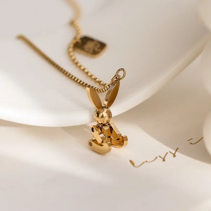 

2022 The New Trendy Mobile Rabbit Pendant Necklace Yellow Gold Color Titanium Steel Jewelry Woman Gift Hypoallergenic