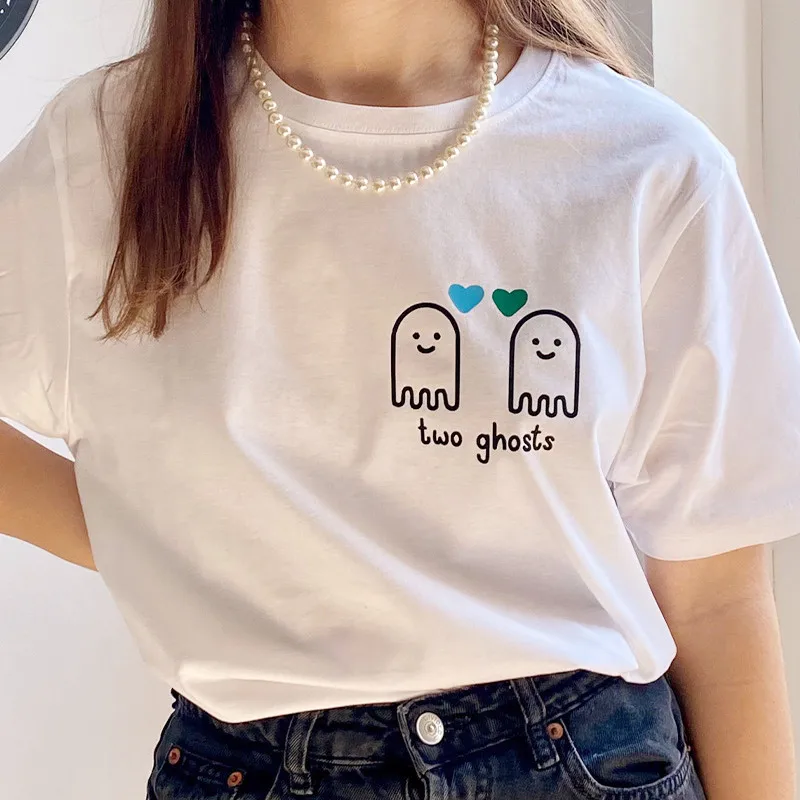 

Футболка женская с принтом двух призраков, Забавный Повседневный хлопковый топ с коротким рукавом и круглым вырезом, свободная рубашка для ...
