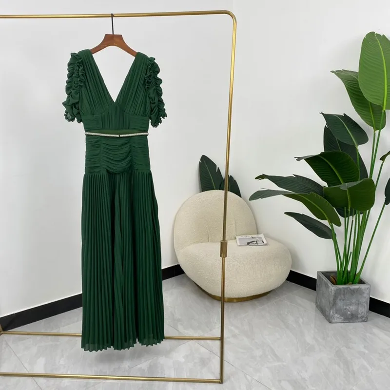 

Женское длинное плиссированное платье, зеленое винтажное платье с V-образным вырезом, лето-осень 2021