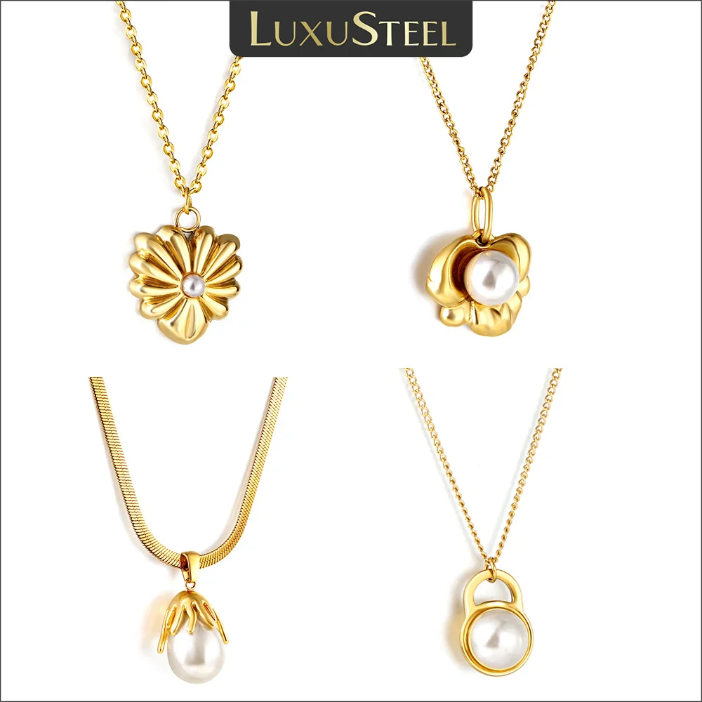 

LUXUSTEEL Elegant Imitation Pearl Pendant Necklace For Women Girls Heart Shape Gold Color Stainless Steel Choker Korean Jewelry