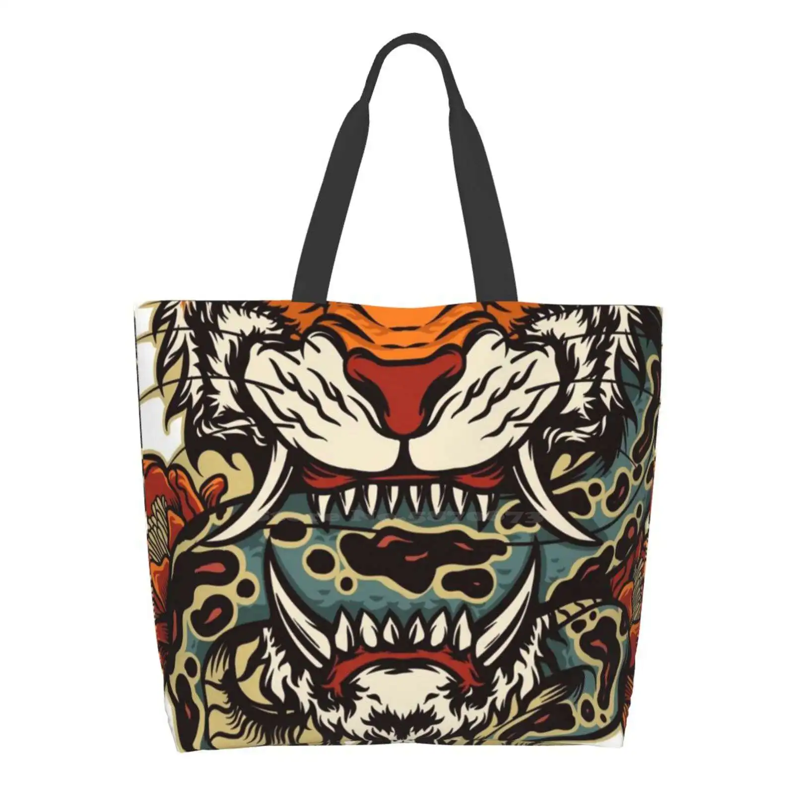 

Tiger X Snake Tora To Hebi Women Shopping Bag Girl Tote Large Size Japan Tattoo Tiger Snake Tora Hebi Flower Fang Courage