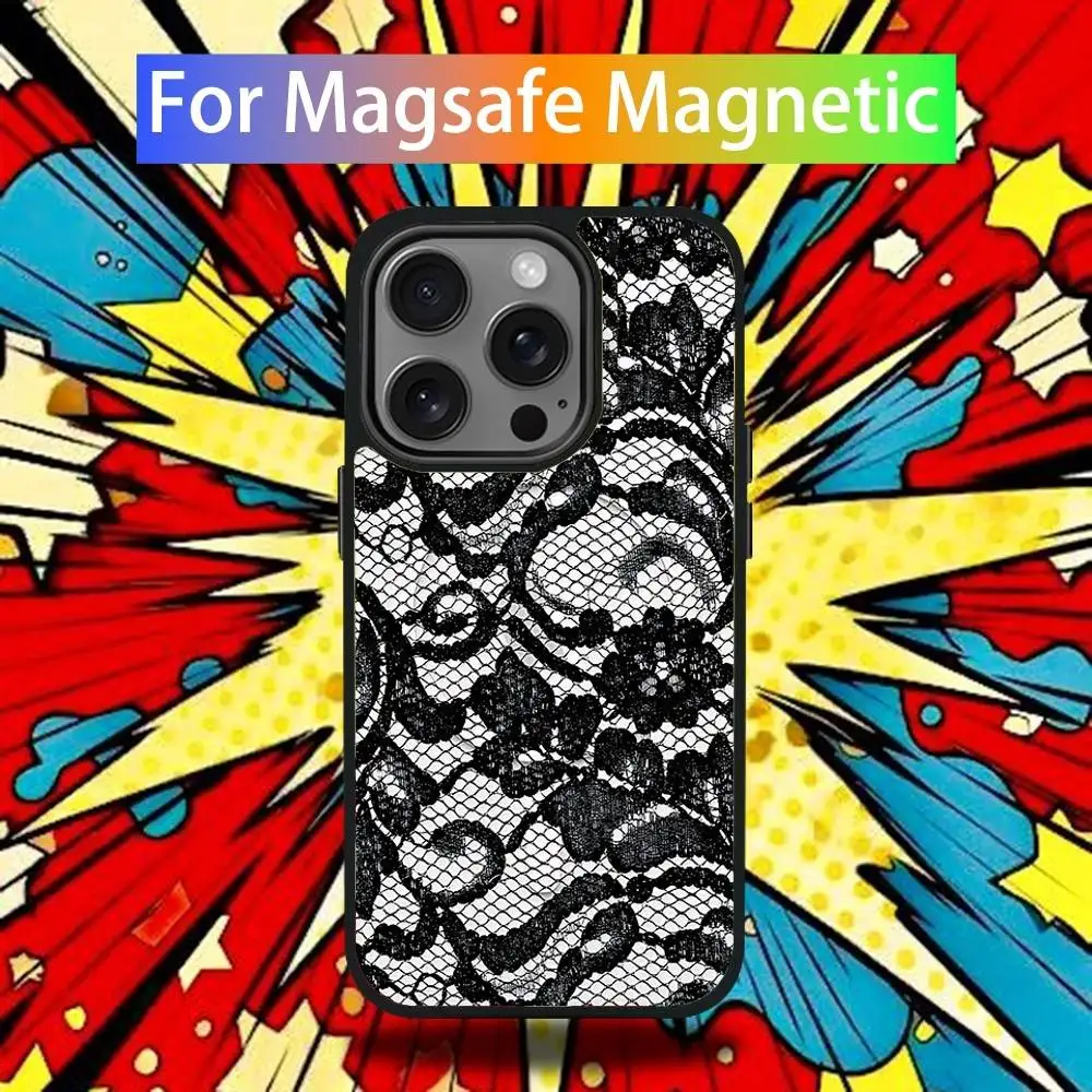 Фото Чехол для телефона с кружевным принтом для iPhone 17,16,15,14,13,12,11,Pro,Max,Plus,Mini,SE4,E с магнитной беспроводной зарядкой Magsafe №4