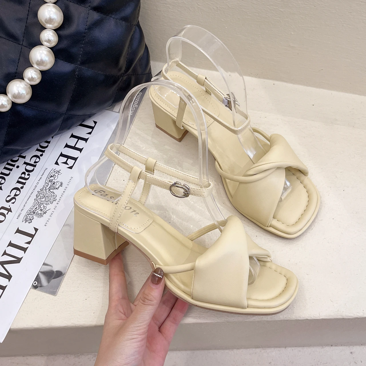 

DOGHC 2022 NEW Women Slipper Ladies Thin High Heel Sandal Summer Slip-On Open Toe Brown Outdoor Slides Flip Flop Shoe Shoes