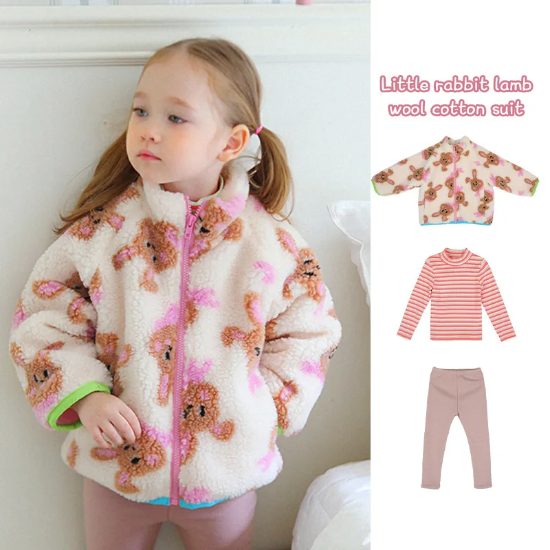 

Korean Child Girls Woolen Jackets 2022 New AM Baby Winter Outwear Flower Female Coat Woolen T Shirt Leggings Children' Clothings