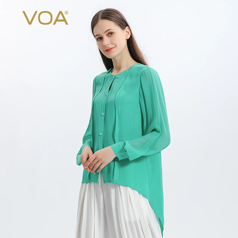 

VOA Simple Hollow Out Wave Cut Striped Silk Blouses Office Ladies O-Neck Single Breasted Arc Hem Shirt Long Sleeves Shirts BE916