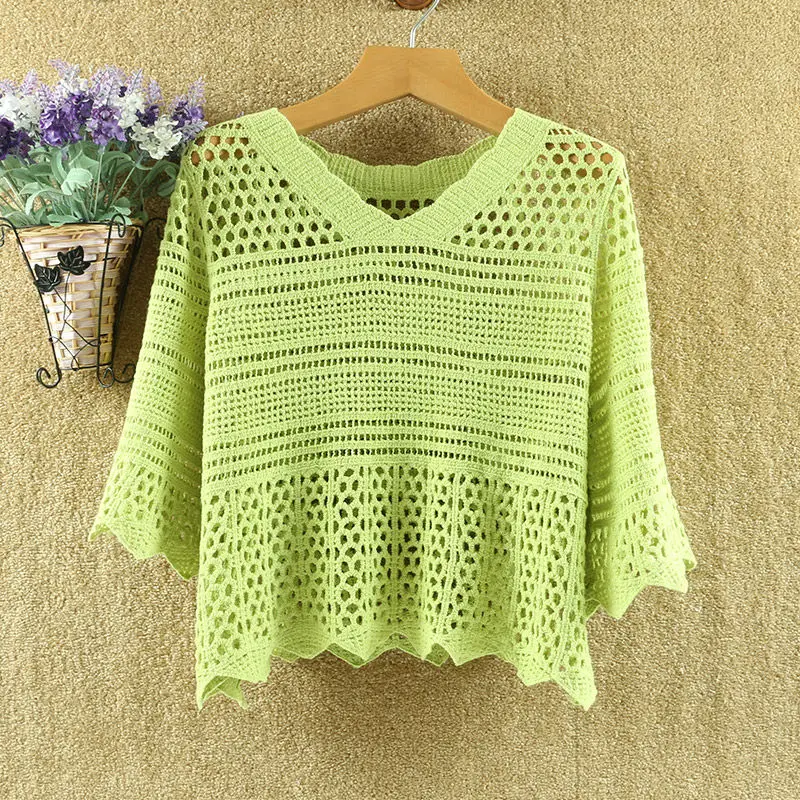 

V-neck thin women pullover slightly transparent hollow top crocheted sunscreen outside small shirt ripped cotton knitted sweater