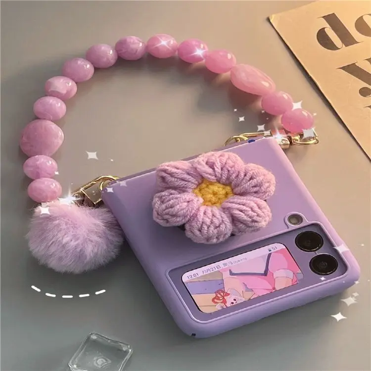 

For Samsung Galaxy Z Flip 3 Case F7110 Case Plush Knitted Phone Case Folding Lanyard for Women