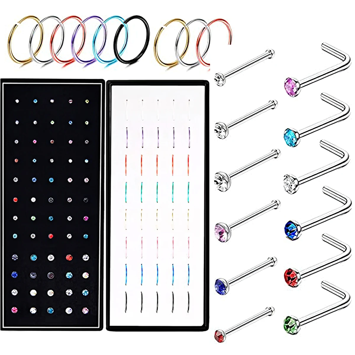 40/60PC Stainless Steel Straight L Nose Stud for Women Nose Ring Set 1.8MM Fashion Crystal Aro Nariz Nase Pircing Body Jewelry