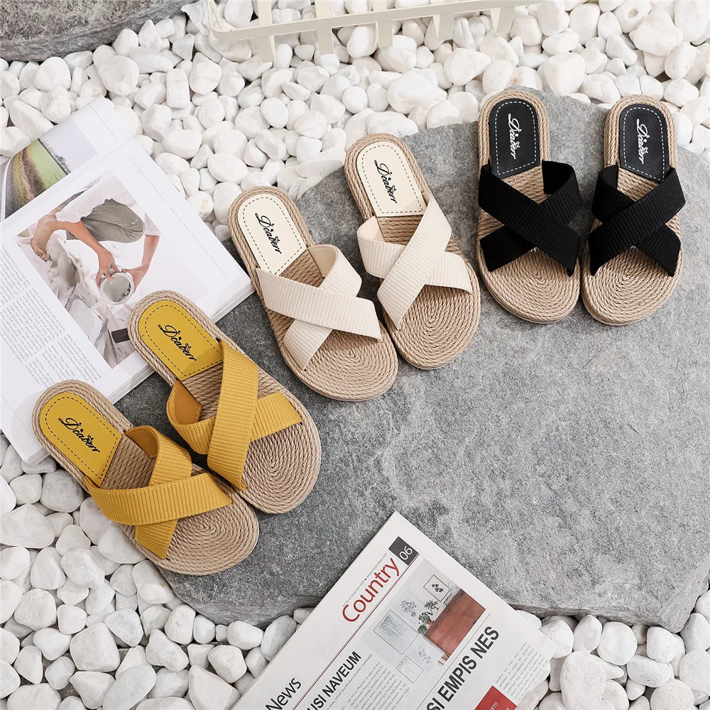 

Imitation Straw Weaving Ladies New Slippers Summer Cross Drag Fashion Hemp Rope Outer Wear Slippers Casual Sandals and Slippers