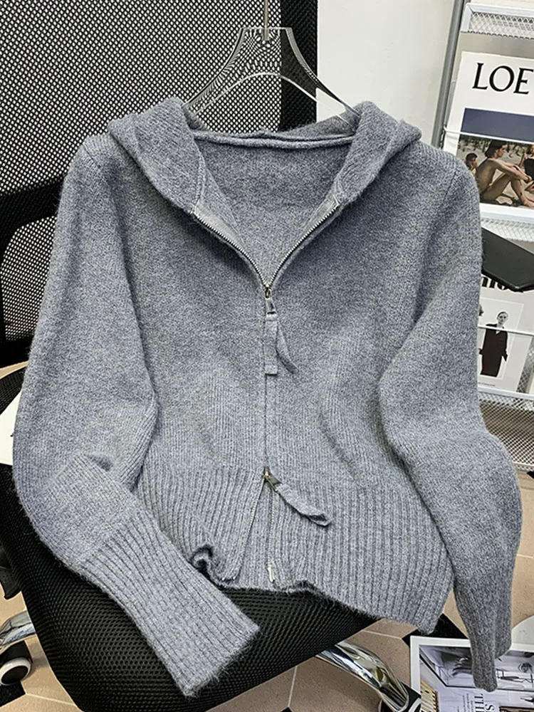 Женский однотонный кардиган с капюшоном простой облегающий свитер длинным