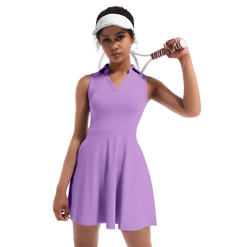 CUGOAO Fashion Purple 2pcs Tennis Dress Suit Solid Sleeveless Turn-down Collar Badmintan Golf Tennis Dresses Vestidos De Mujer