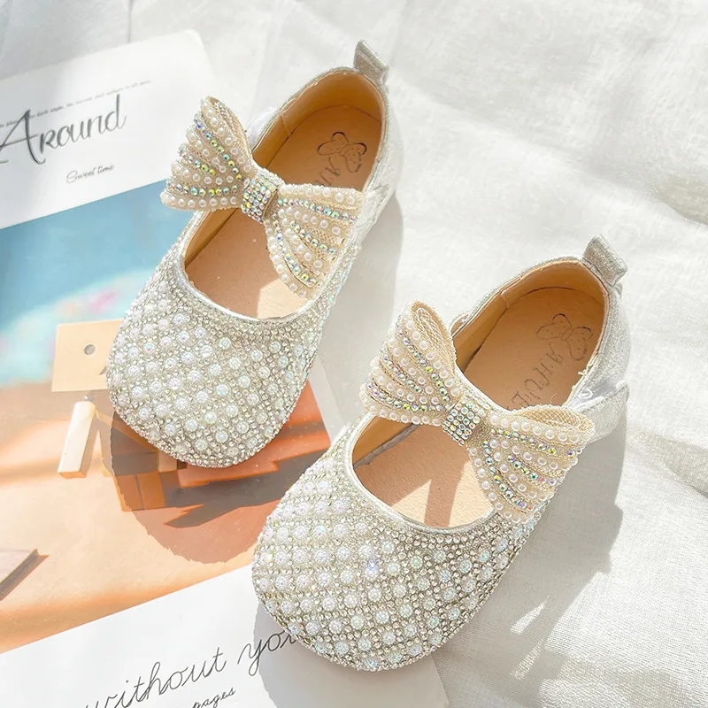 

Sweet Princess Shoes 2022 Summer New Flat Mary Janes for Party Wedding Shows Children Soft Kids Fashion Rhinestone Bow Shallow