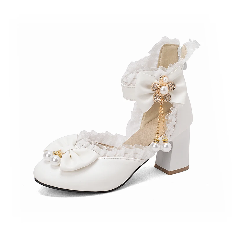 Spring women pumps  plus size 22-26.5cm Pearl chain mesh bow ankle buckle Lolita shoes Rhinestone flower cute mary jane shoes
