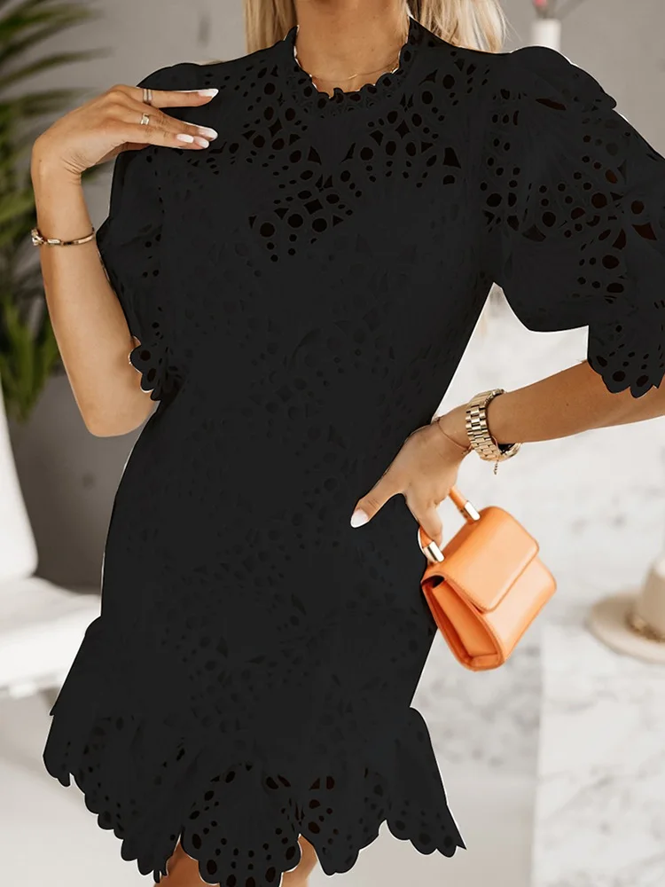 

Женское кружевное мини-платье с круглым вырезом, коротким рукавом и молнией