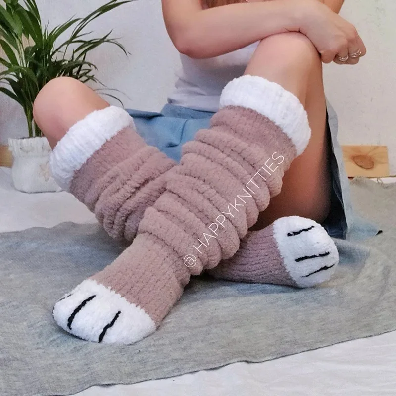 

Huaxiafan Winter Ladies Stitching Knitted Pile Socks Long Tube Cat Claw Wool Socks Women