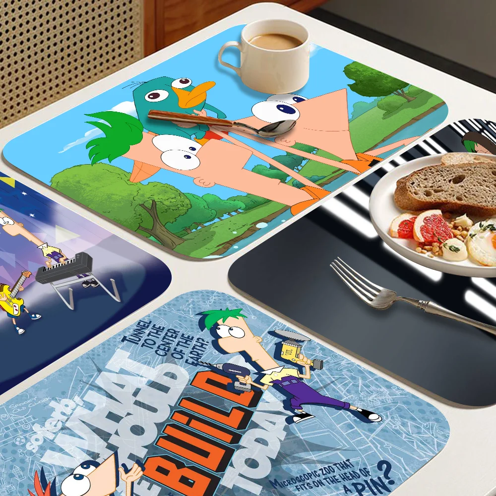 Cartoon P-Phineas And F-Ferb Table Drain Pad Tabletop Absorbent Draining Mat Tableware Mats Placemats For Decor