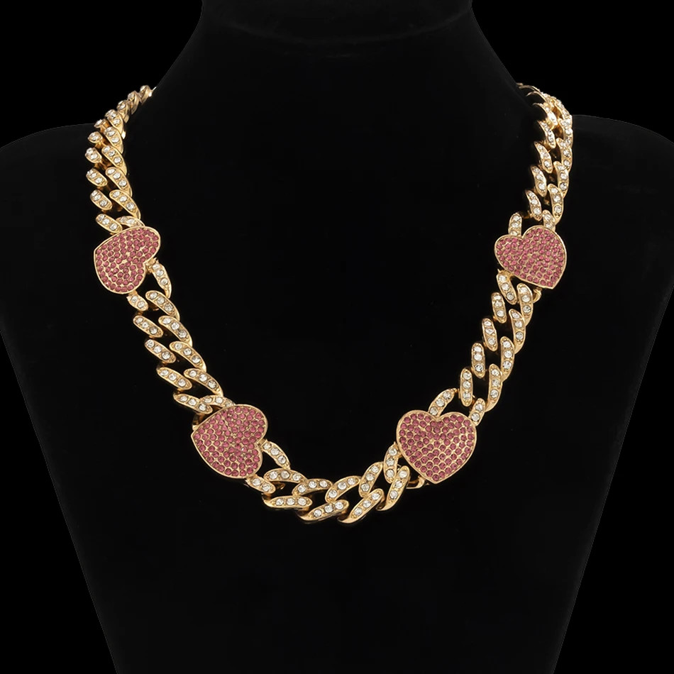 

KunJoe Heart Charms Pink Iced Out Rhinestone Necklace Choker Hip Hop Rock High Quality Cuban Necklace for Women Men Punk Jewelry