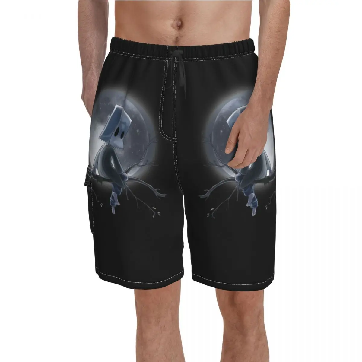

Mono Under The Moon Board Shorts little nightmares lonely sad twig game Males Funny Board Short Pants Hot Sale Print Swim Trunks