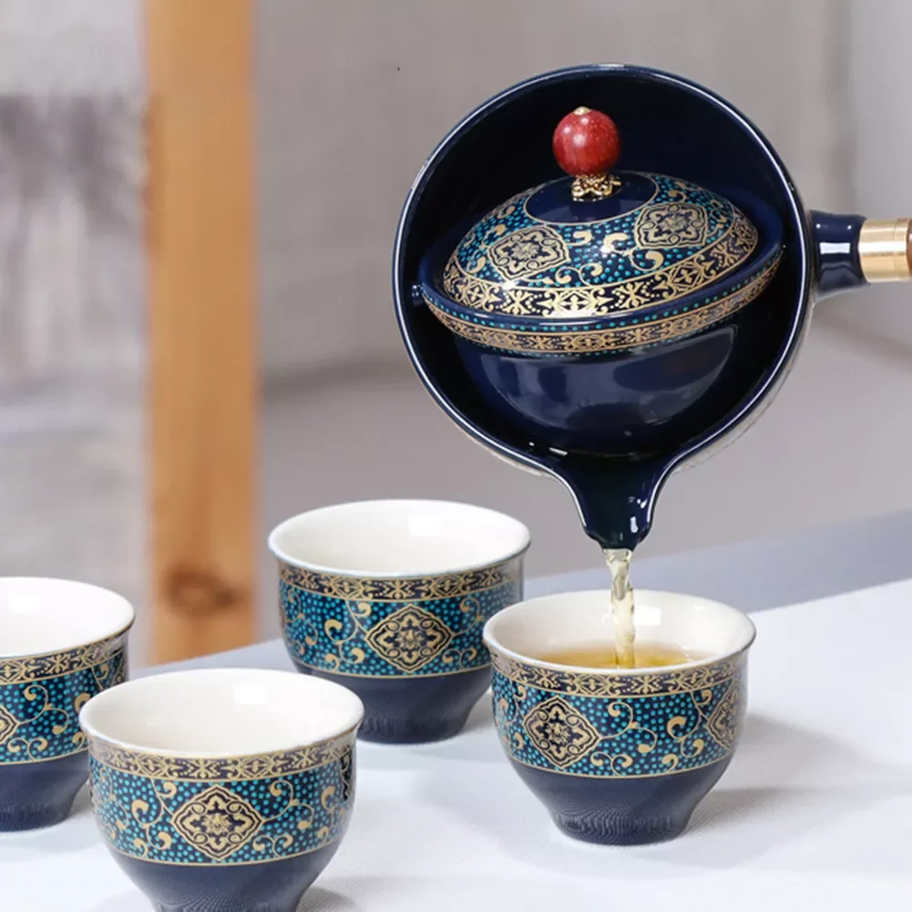 

2022New Kung Fu Tea Set 360 Rotating Teapot Ceramic Tea Maker Infuser Travel Teapot Porcelain Teaware Wooden Handle Pot Cup