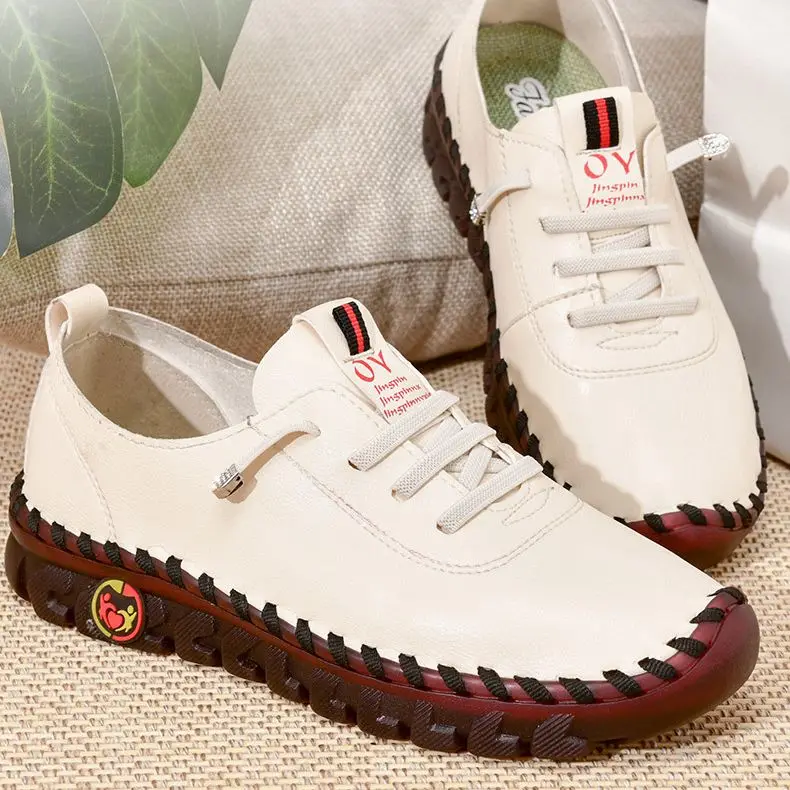 Women Sneakers Vintage Breathable Flat Shoes Platform Loafers Lace Up Leather Slip-On New Fashion Casual Mom Shoe Zapatos Mujer