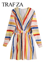 traf za casual loose chic fashion trend long sleeve waisted womens dress summer new rainbow striped print v neck lady dress
