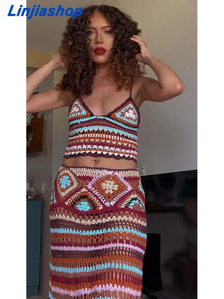 

woman sweater camis with skirt handmade sexy v neck two piece set holiday beach clothes