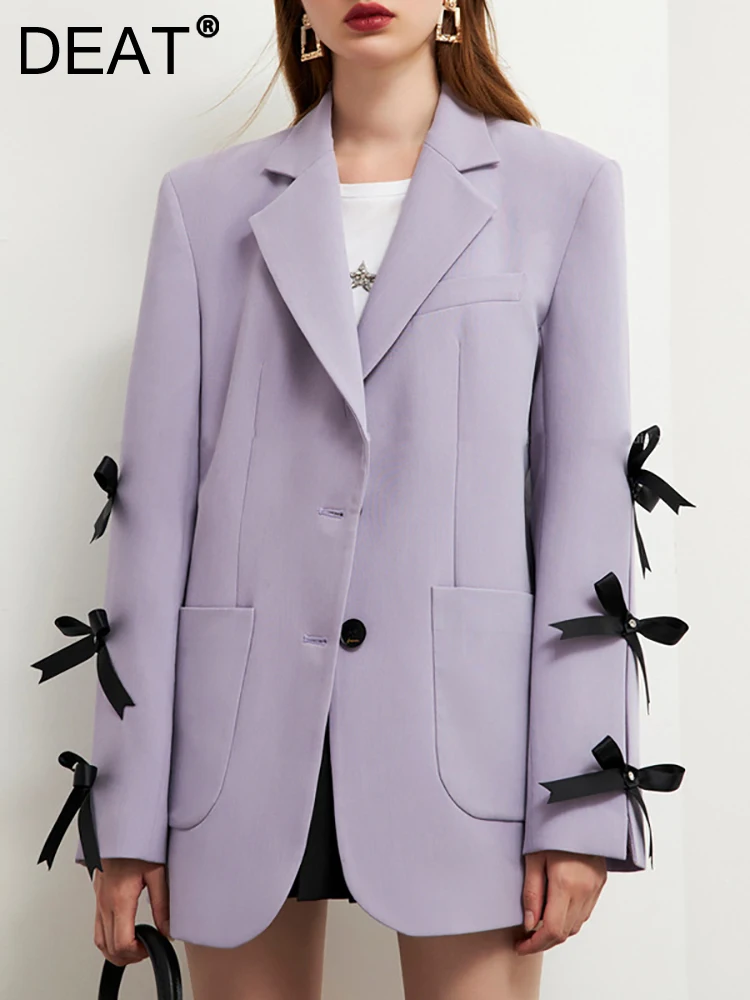 

DEAT Fashion Women's Blazer Notched Collar Single Breasted Bow Hollow Out Sleeves Purple Suit Jackets Autumn 2023 New 7AB566