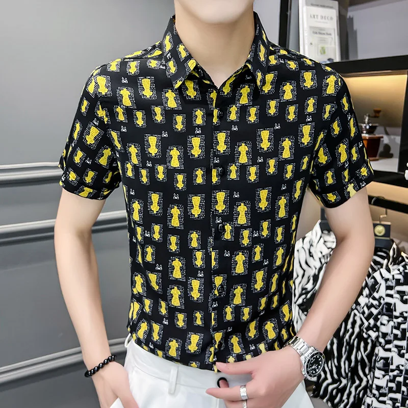 

2022 Summer Short Sleeve Shirts Men Fashion Printed Ice Silk Casual Shirt Male Business Formal Dress Shirts Camisas Para Hombre