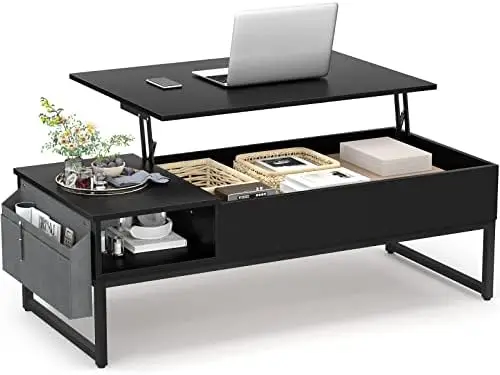 

Top Coffee Table with Storage, Wood Lifting Top Central Table Metal Frame, 43.3" Lift Tabletop Tea Table with Side Pouch, Co