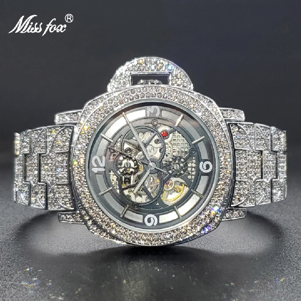 

Mechanical Watch For Men Diamond Iced Hip Hop Automatic Watches Big Wrist Skeleton Movement Wristwatches Unique Dropshipping