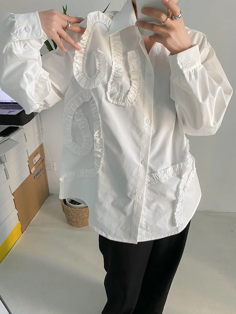 

Женская блузка с оборками, белая элегантная Свободная рубашка большого размера с отложным воротником и длинным рукавом, весна-осень, 2022, C352