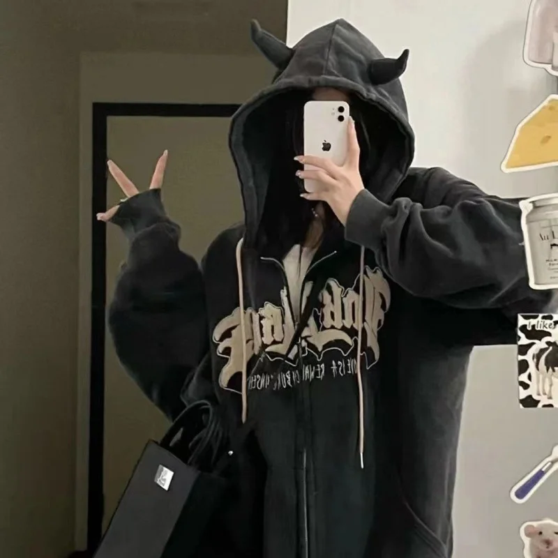 

arajuku Zip Up dies Women Letter Embroidery Oversized dies Zip Up Lon Sleeve Street Couple Tops rapic Sweatsirts
