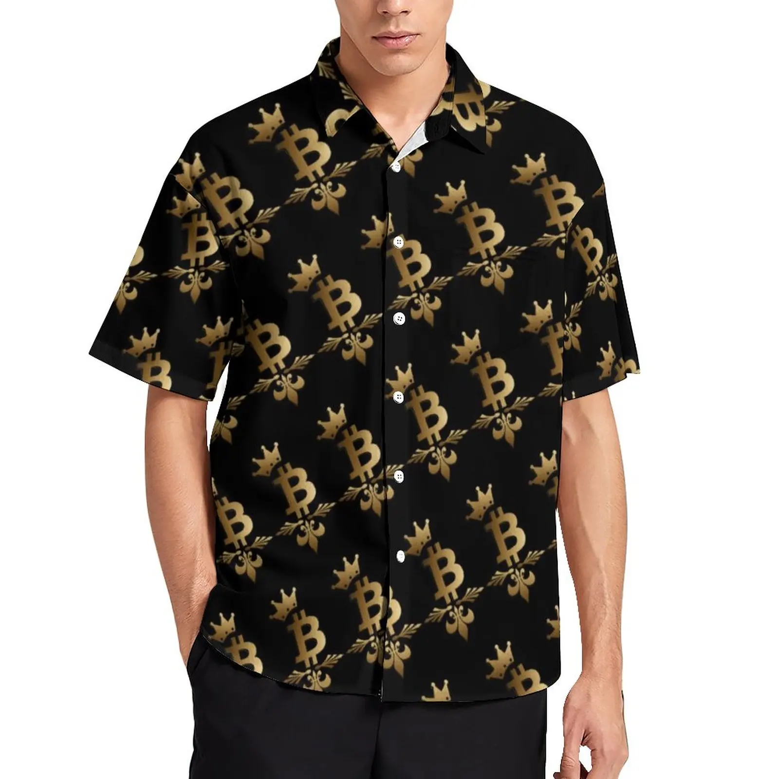 

Golden Bitcoin Casual Shirts Blockchain Crypto Print Beach Shirt Hawaii Stylish Blouses Mens Graphic Big Size 3XL 4XL