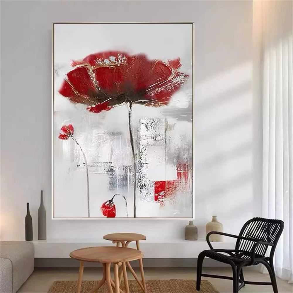 

100% ручная роспись маслом красные цветы большие высококачественные цветы гостиная украшение для дома чудо постер современная мода