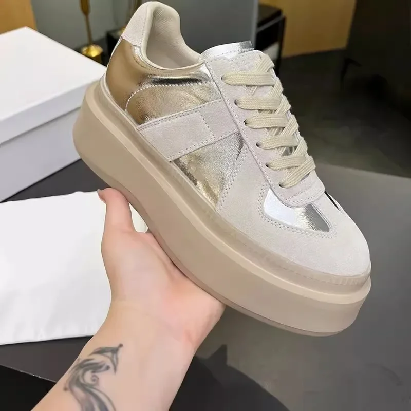 Designer Brand Shoes Thick soled Small Tall Women's Casual Retro Genuine Leather Color blocked De Xun