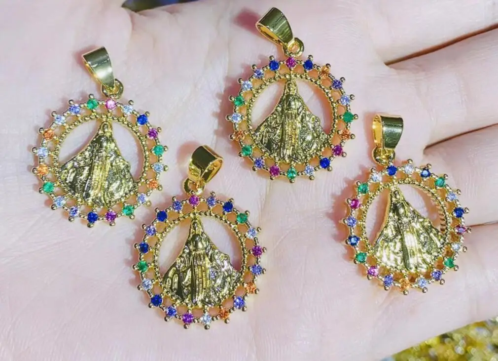 1pcs Holy Religious Jesus Crown Virgin Mary Charms Pendant,Gold Plated Inlaid Colourful Zircon Jewelry Necklace Accessories