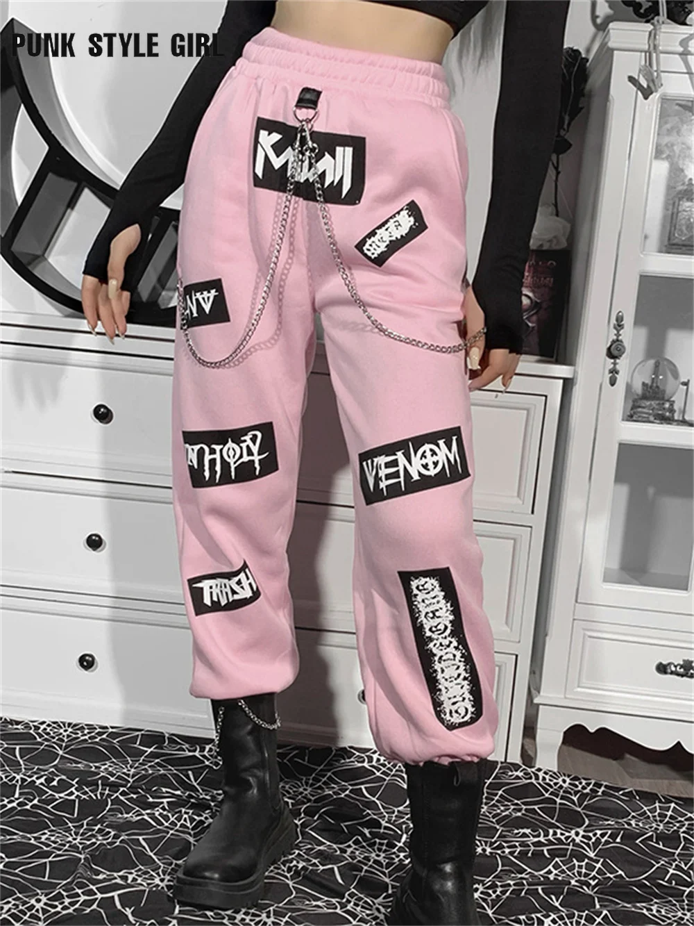 

Punk Clothes Kpop Pink Sweatpants Women E Girl Jogger Emo Print Jogging Sports Pants Chain Cyber Y2k Joggers Harem Trousers 90s